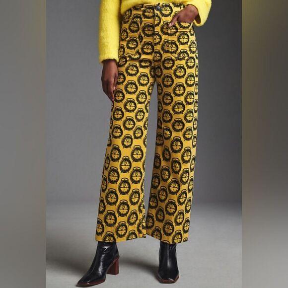 Anthropologie Maeve Colette Cropped Wide-Leg Velvet Pants Gold Velvet Clocks - Picture 1 of 3